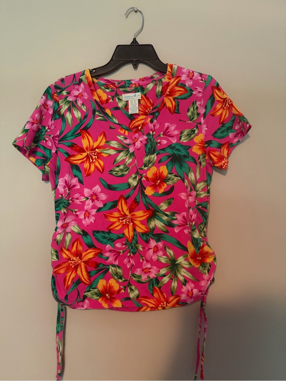 Caribbean Joe Hot Pink Tropical Floral V-Neck Tie-Hem Tee